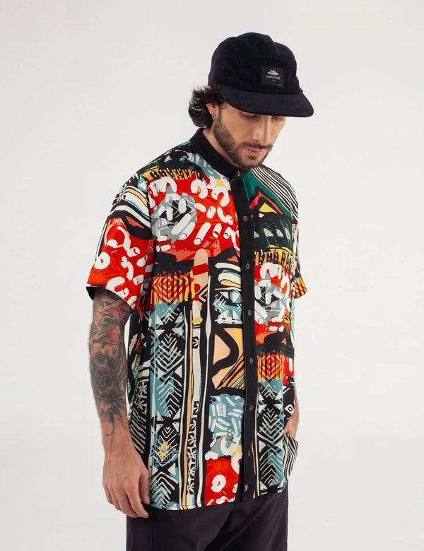 Roots Neru Black Multicolor Men's Collar Shirt