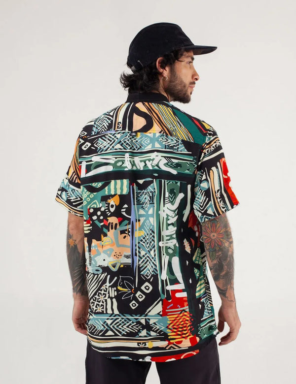 Roots Neru Black Multicolor Men's Collar Shirt