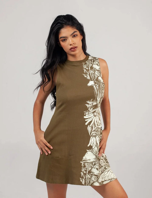 Bioma High Women Neck Short Green Military Dress