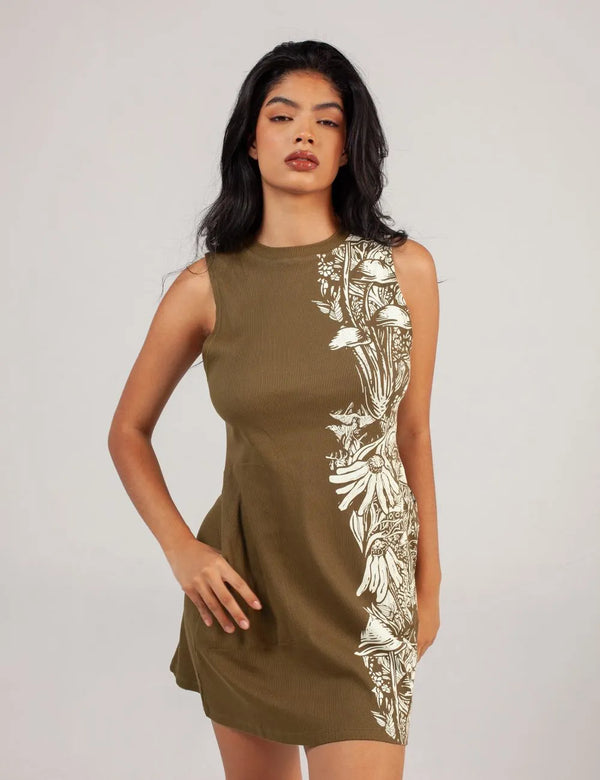 Bioma High Women Neck Short Green Military Dress