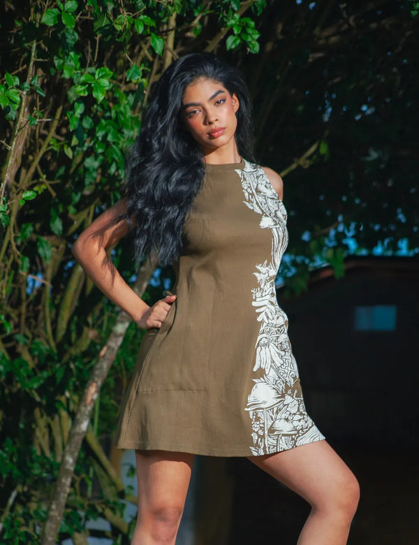 Bioma High Women Neck Short Green Military Dress