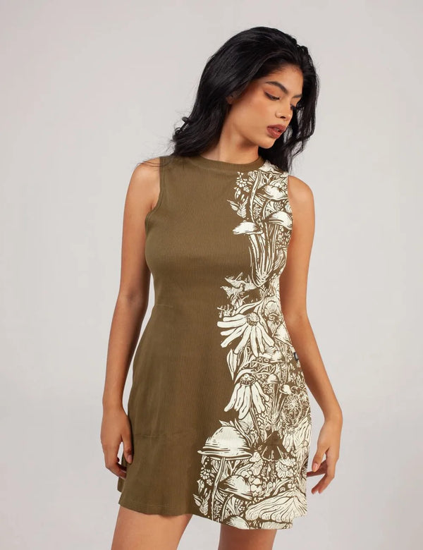 Bioma High Women Neck Short Green Military Dress