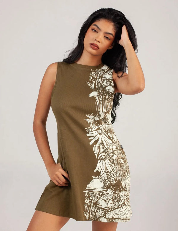 Bioma High Women Neck Short Green Military Dress