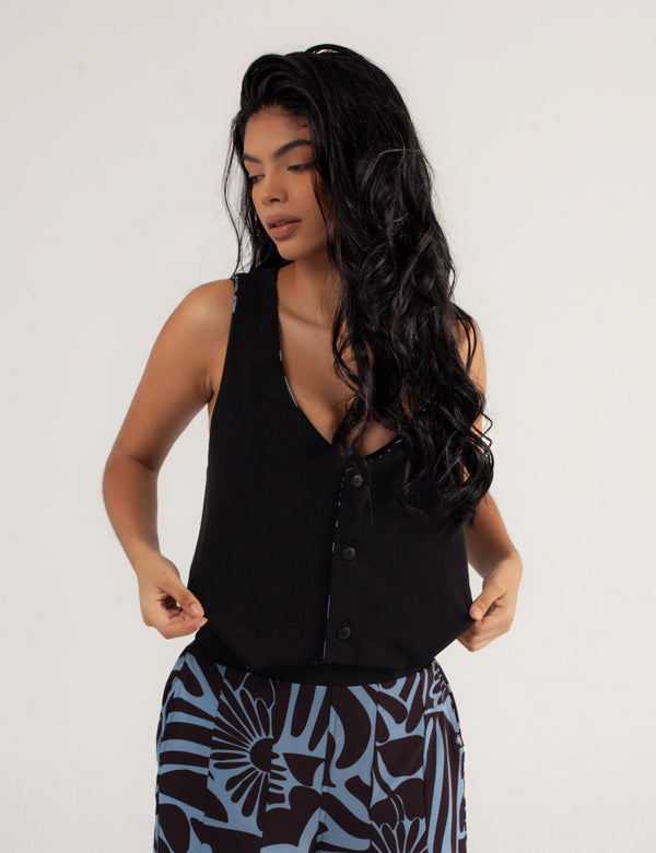 V-neck Vest Set Stamp blue + black for Women