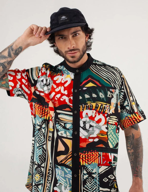 Roots Neru Black Multicolor Men's Collar Shirt