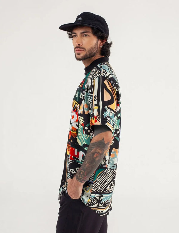 Roots Neru Black Multicolor Men's Collar Shirt