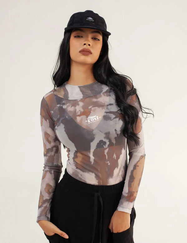 Butterfly Long Sleeve Mesh Military Green Women´s Crop Top