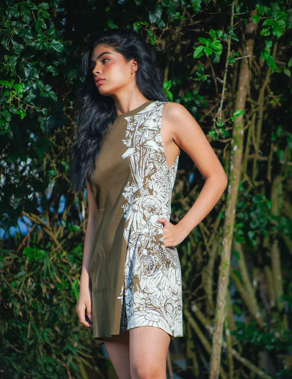 Bioma High Women Neck Short Green Military Dress