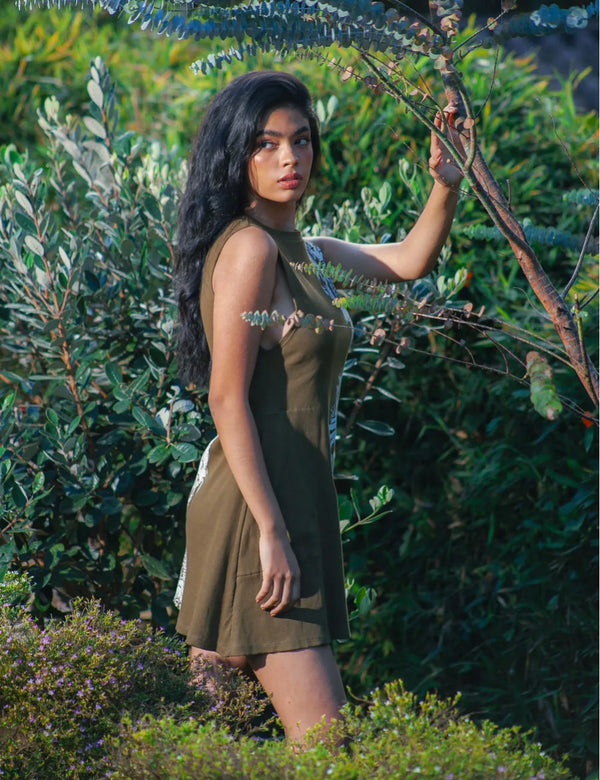 Bioma High Women Neck Short Green Military Dress